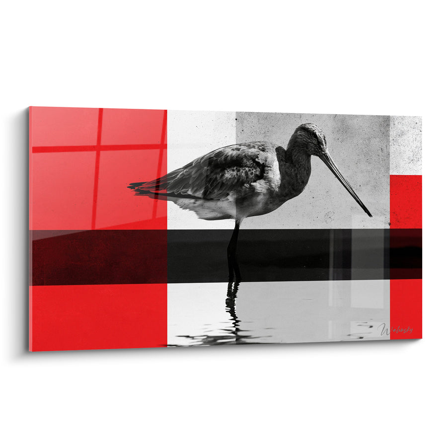 Tableau Bécasse au long bec fond rouge damier - Guet immobile - Edition Bécasse