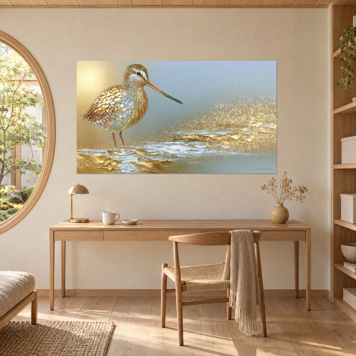 Quadro beccaccia dipinta a spatola, dorso oro e rame, schizzi dorati su azzurro morbido, sopra una scrivania in rovere e una sedia