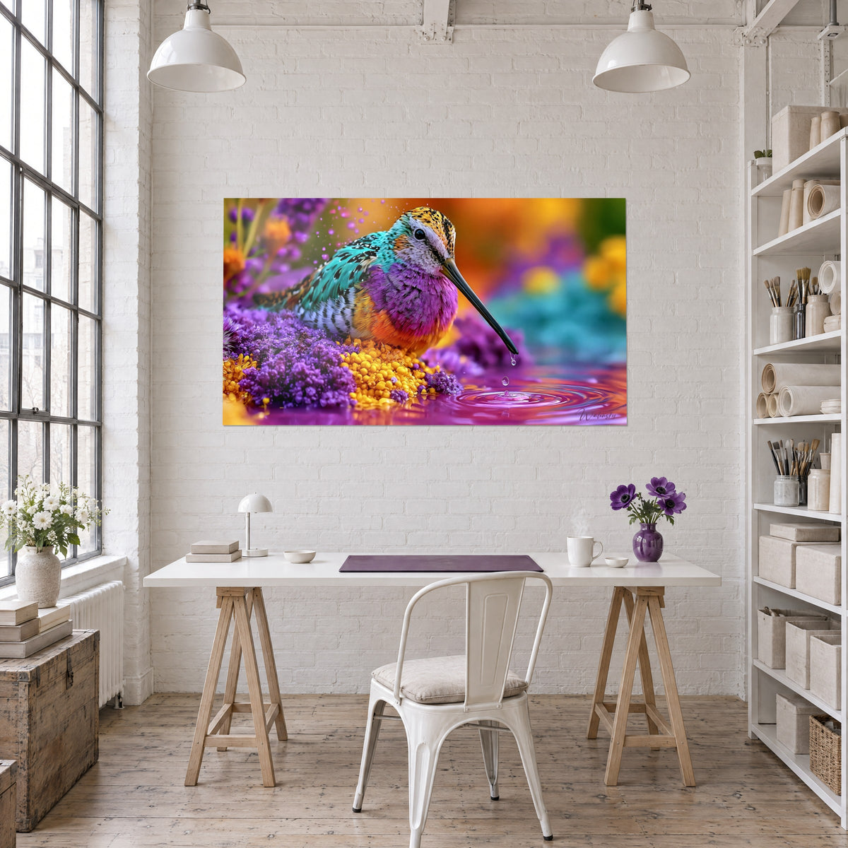 Gemälde buntes Vogelmotiv über einem Teppich aus violetten und gelben Blumen geneigt, rosa Wasserwellen, über einem Schreibtisch aufgehängt