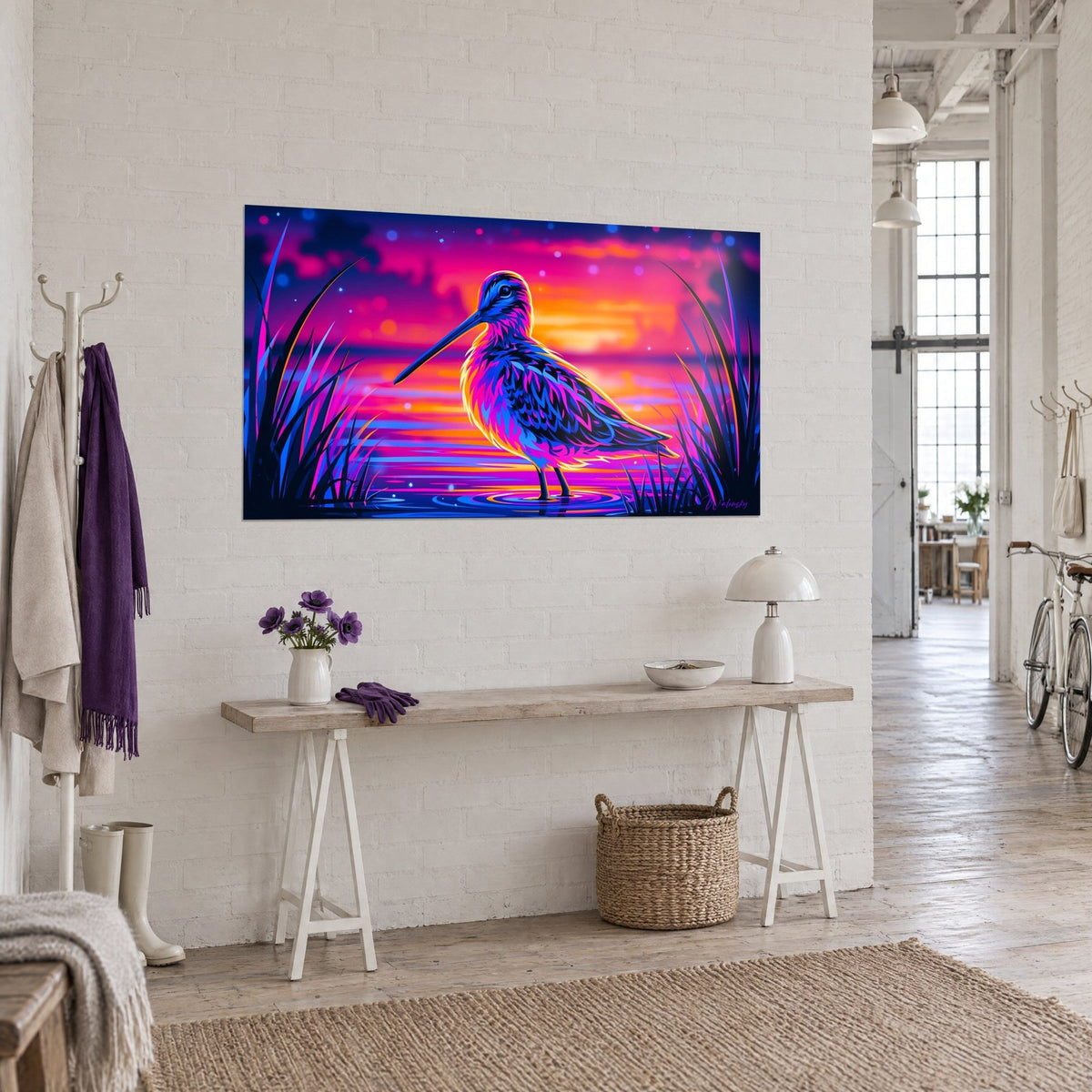 Wall art of a wading bird with magenta and cobalt plumage, orange dusk, hanging on a white wall of an artist's loft