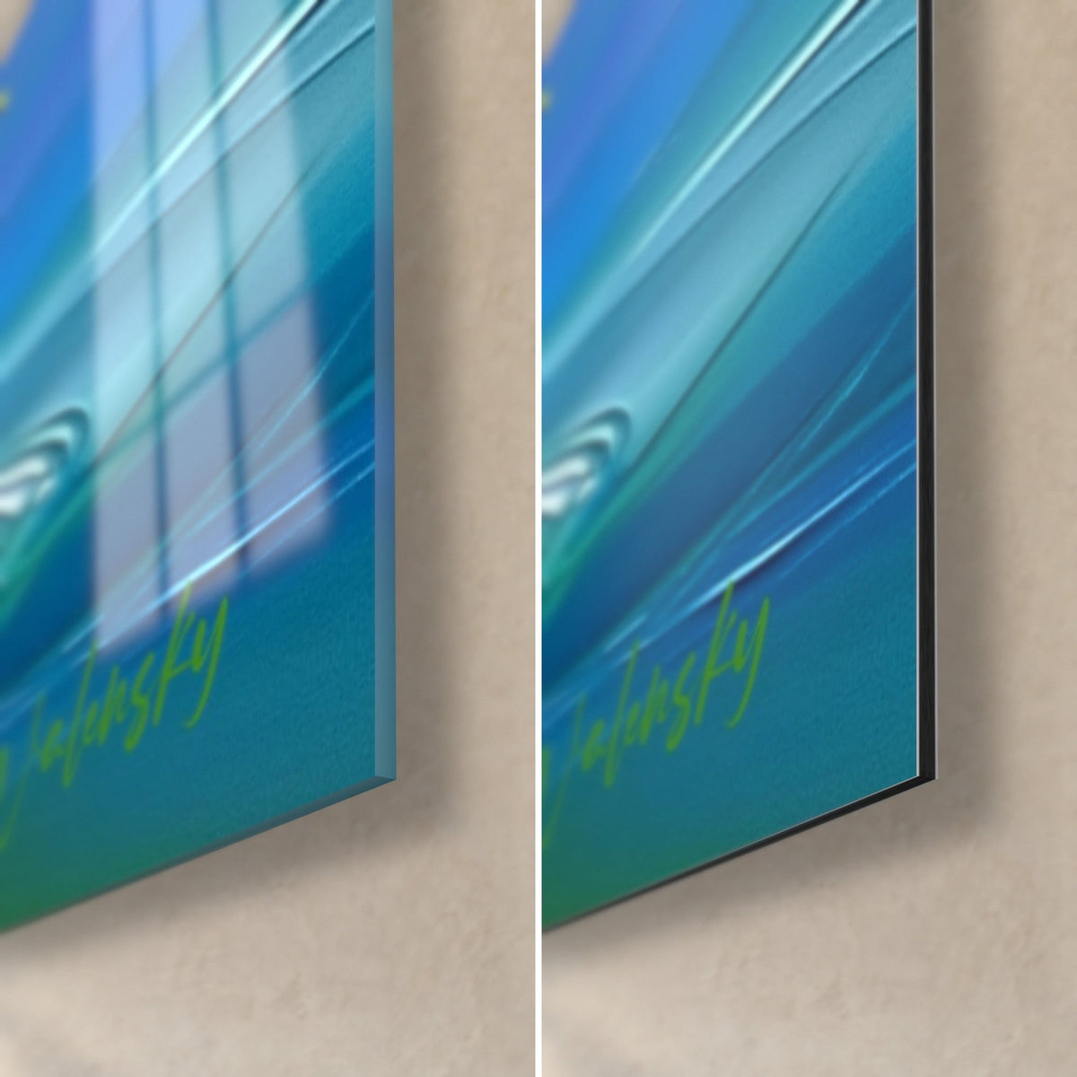 Wall art of a snipe with turquoise blue and violet bursts, bottom right corner, glossy acrylic glass on the left, matte Dibond aluminium on the right, 3 mm thickness