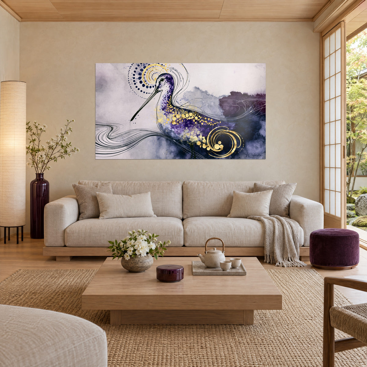 Gemälde Waldschnepfe mit langem schwarzen Schnabel und violettem Gefieder, übersät mit goldenen Punkten, perlgrauer Hintergrund, über einem Sofa in einem hellen Wohnzimmer