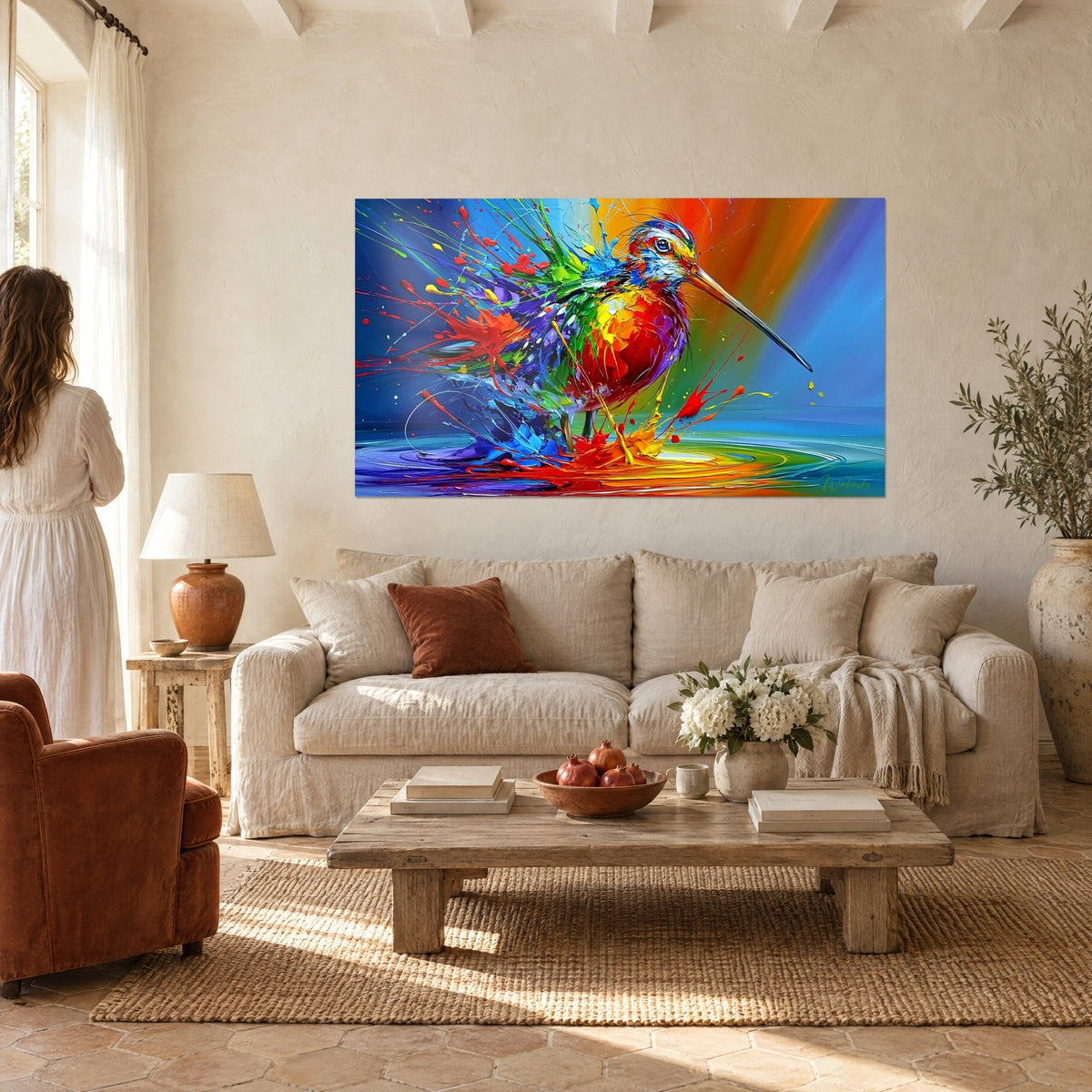Wall art of a long-billed snipe with a slender beak, red, green and violet plumage in splashes, blue and orange background, above a sofa in a bright living room
