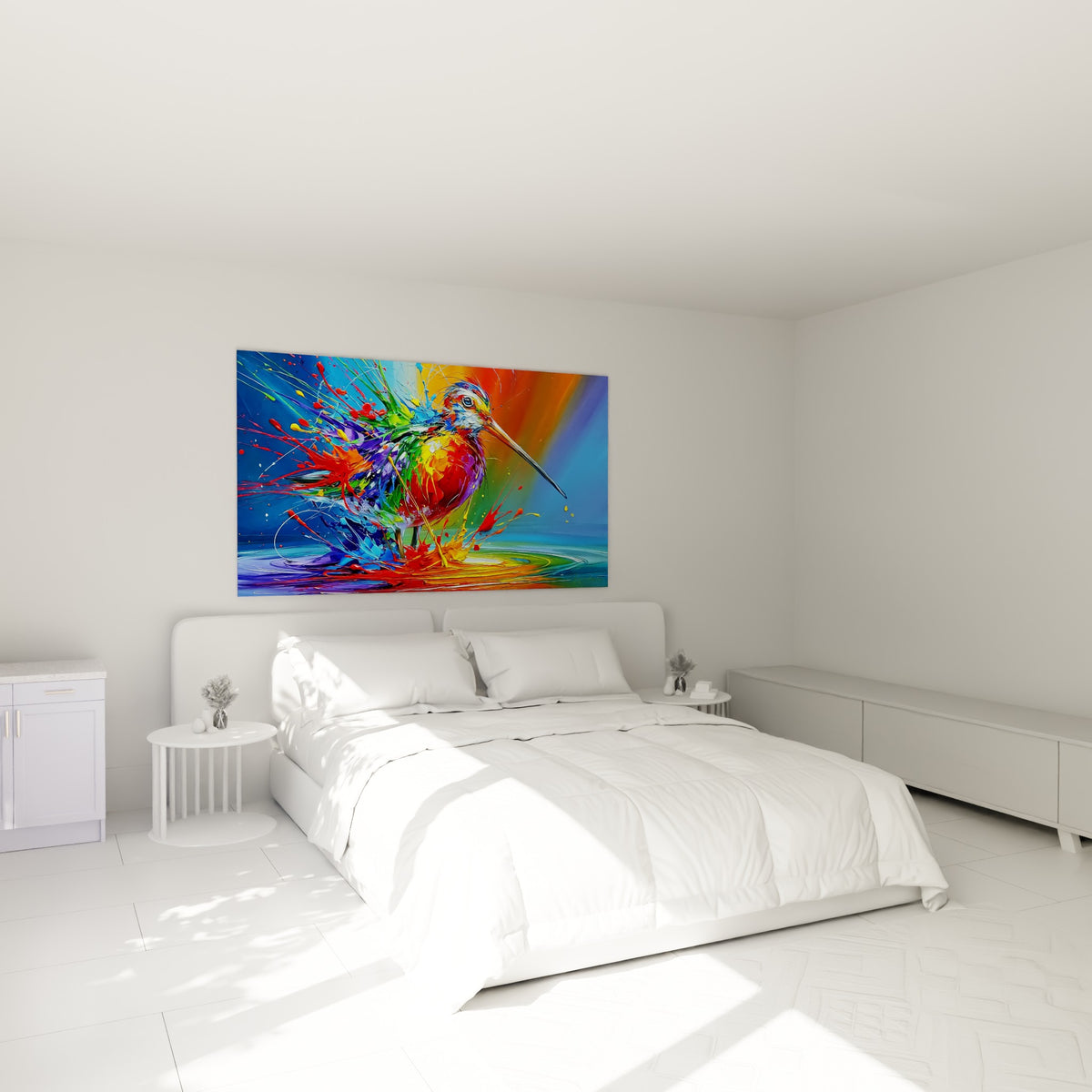 Oiseau bécasse multicolore aux touches rouges et vertes accroché au-dessus d'un lit dans une chambre claire