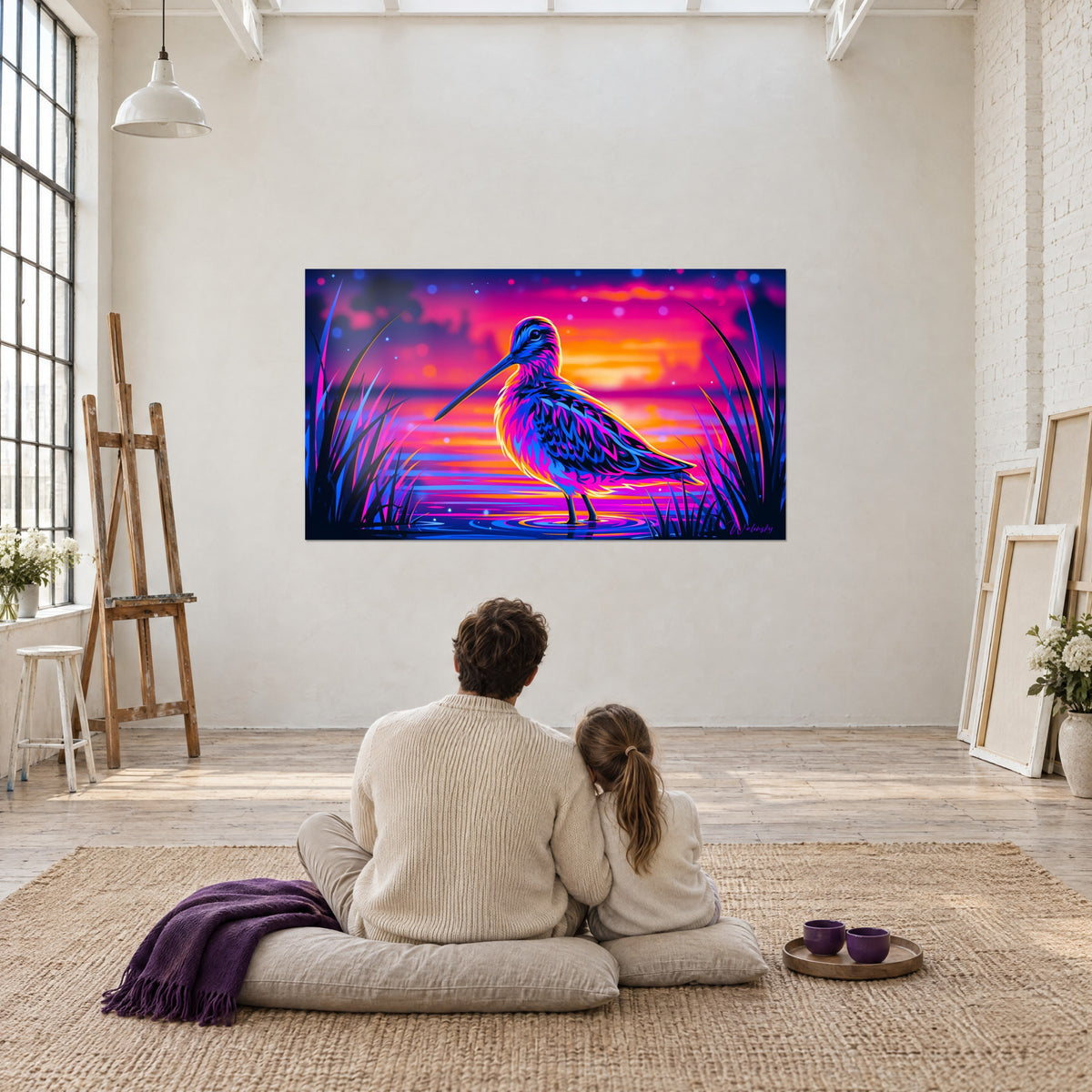 Wall art of a bird in neon pink and blue against a blazing sunset, a couple seated from behind on a cushion facing a loft wall