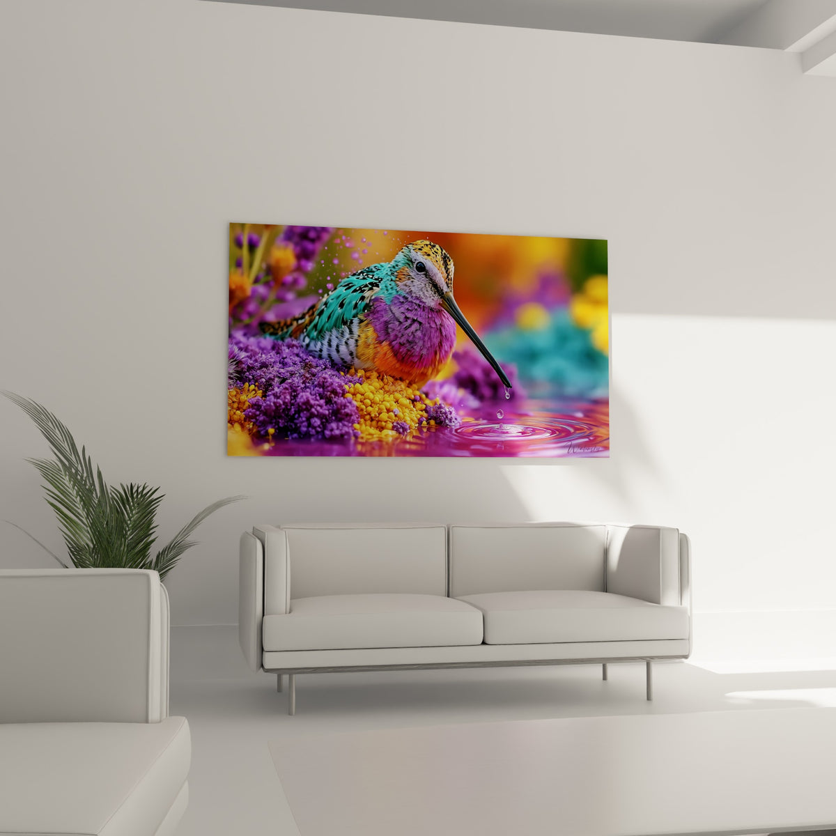 Plumage violet et doré d'une bécasse au bec noir allongé, au-dessus d'un canapé dans un salon lumineux