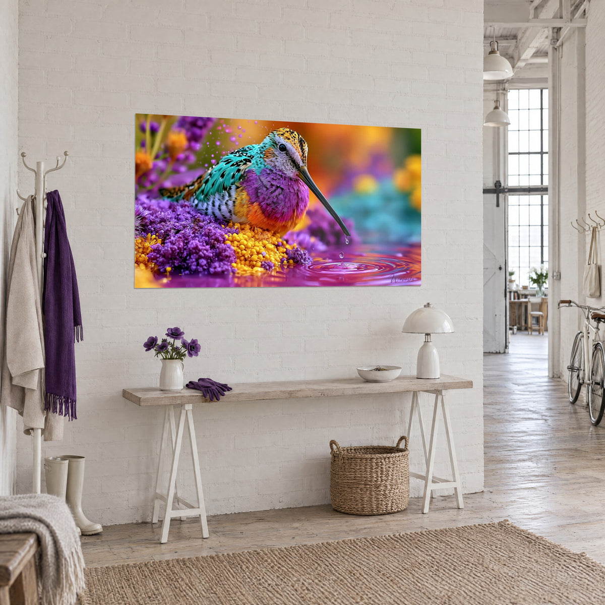 Gemälde schillernde Schnepfe über violetten Blumen geneigt, ein Tropfen fällt vom Schnabel ins rosa Wasser, Dreiviertelansicht