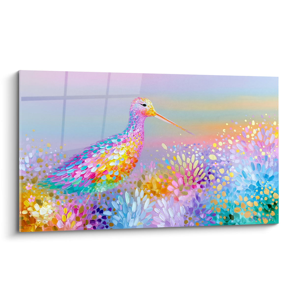 Bécasse irisée au plumage rose et turquoise sur fond floral doré et lavande