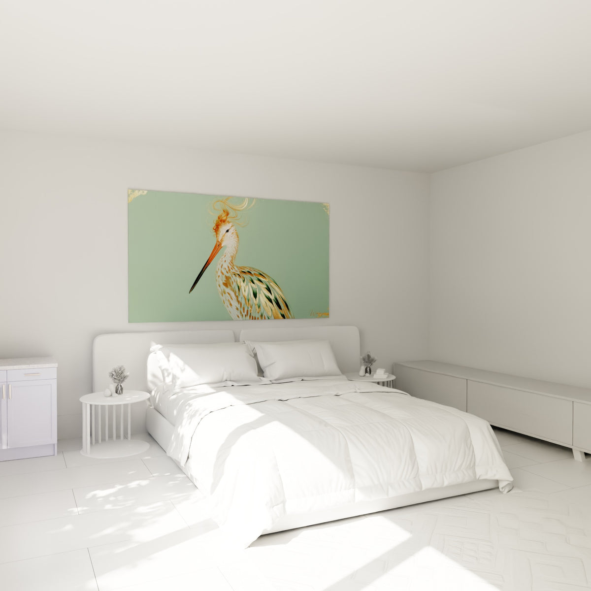 Oiseau élancé aux tons ocre et doré, tableau Bécasse au-dessus d'un lit dans une chambre claire