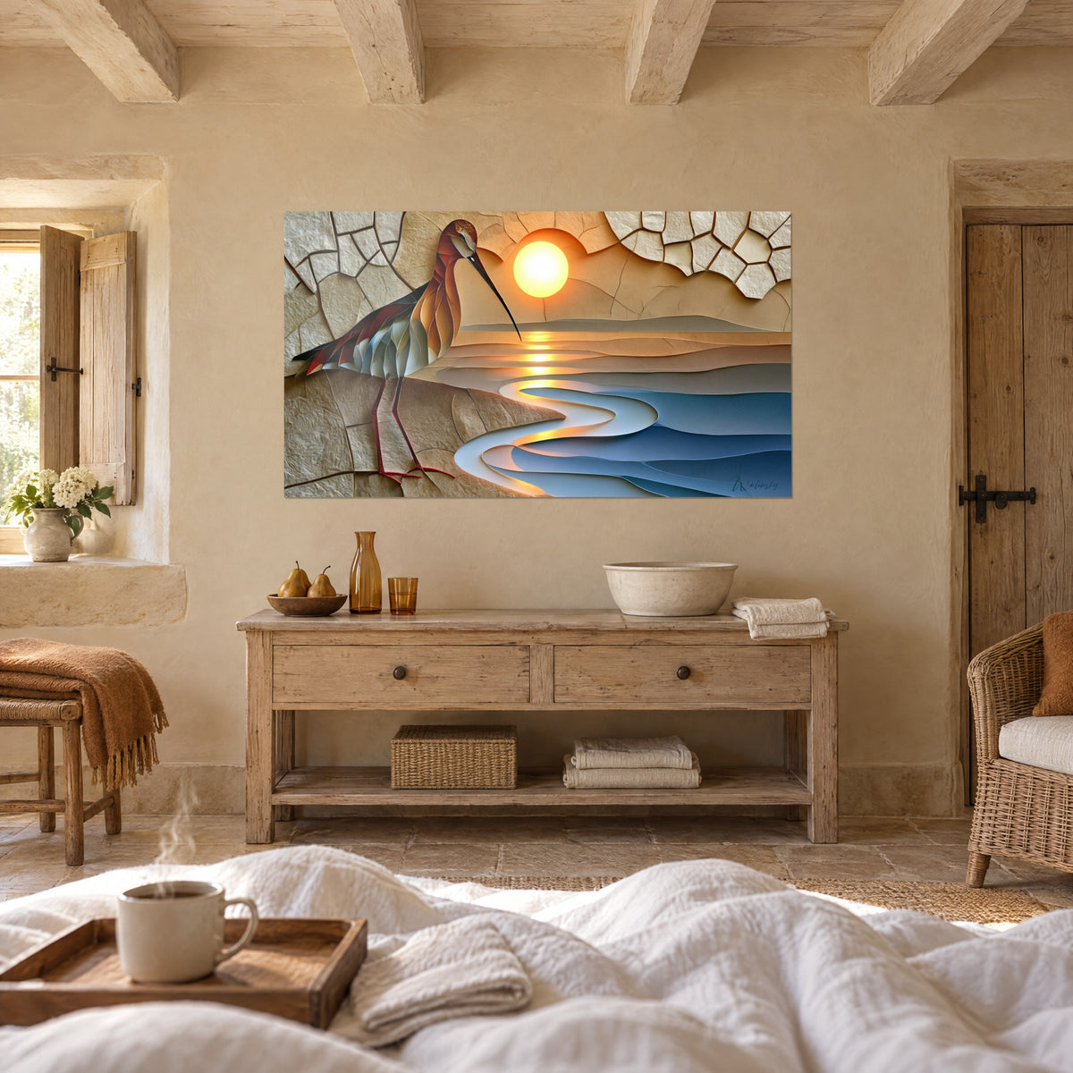 Tableau limicole au bec effilé sur sable fissuré ocre, rivière bleu acier et soleil orangé, au-dessus d'un lit dans une chambre claire