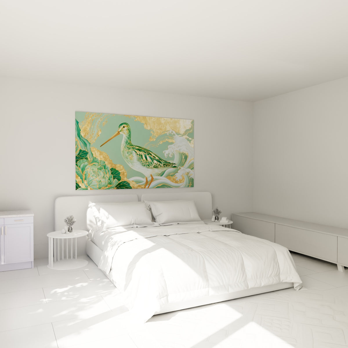 Échassier vert sauge aux reflets dorés, plumage détaillé, au-dessus d'un lit dans une chambre claire