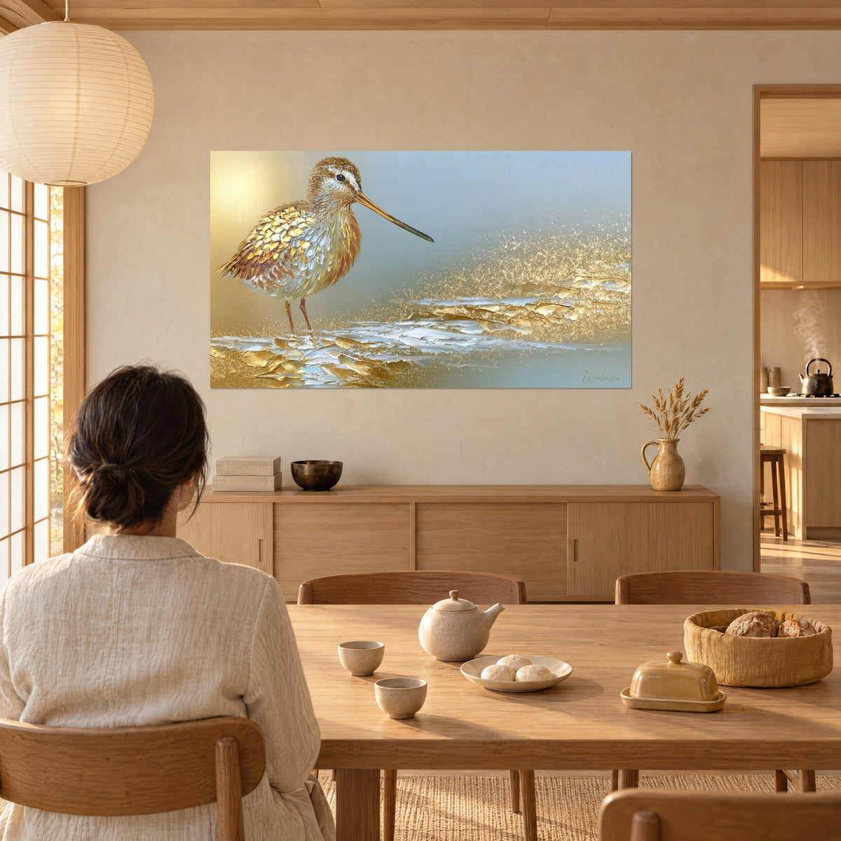 Quadro frullino dalle piume ocra dorato e bianco, schiuma scintillante su sfondo azzurro pastello, di fronte a una donna di spalle accanto a un tavolo in legno