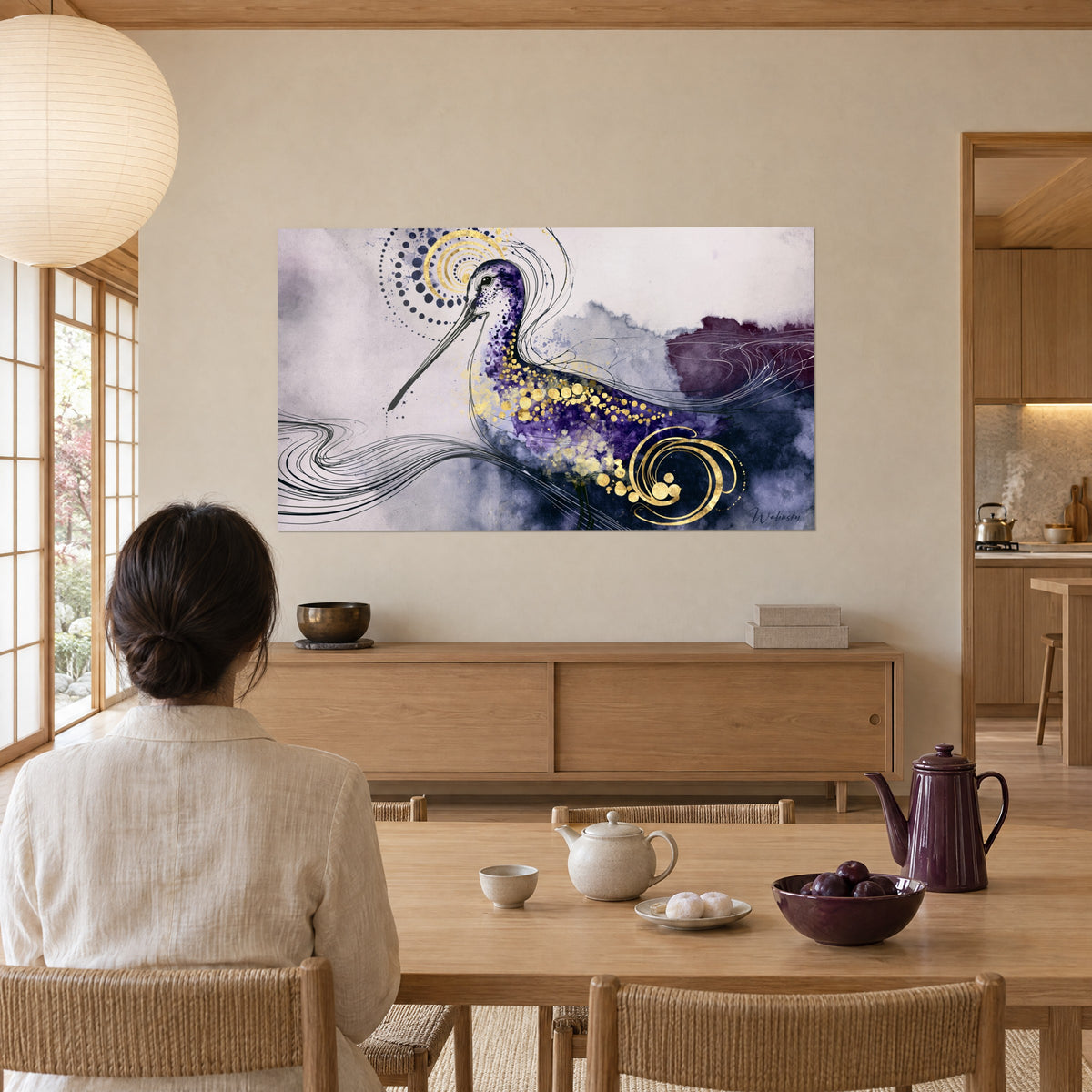 Gemälde Aquarell-Vogel in Pflaume und Gold, schwarze Pinselwellen auf nebligem Grund, Rückansicht einer Frau am Tisch neben einem runden Fenster zum Garten