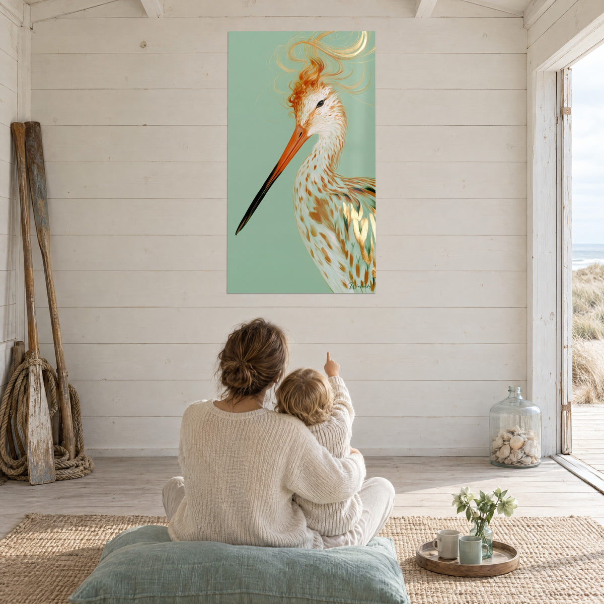 Wall art wild woodcock with flamboyant crest, orange bill and golden ivory feathers, sage green background, in a living room facing the sea