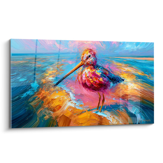 Tableau Bécasse rose et bleu turquoise au bord de l'eau - Éveil sur le rivage - Edition Bécasse