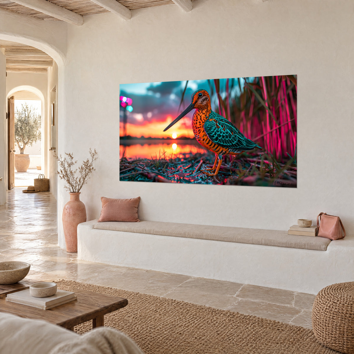 Quadro uccello trampoliere dalle ali squamate turchesi su uno stagno rossastro luminoso, canne fucsia, vista di tre quarti, casa mediterranea