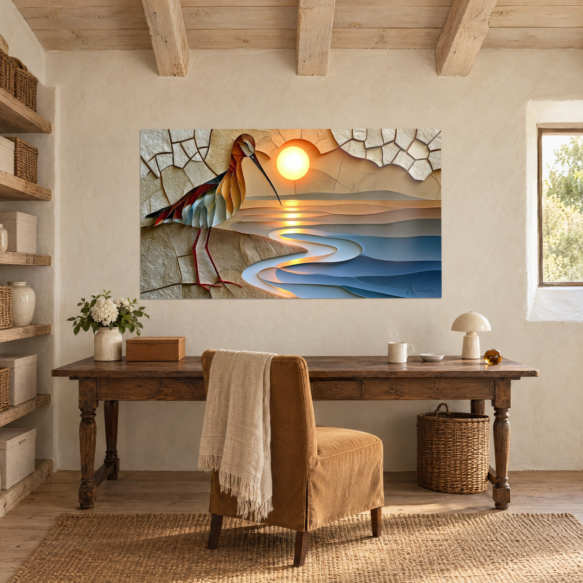 Tableau oiseau aux pattes rouges, ciel ocre craquelé et méandre bleu pâle, accroché au mur d'un bureau sous poutres