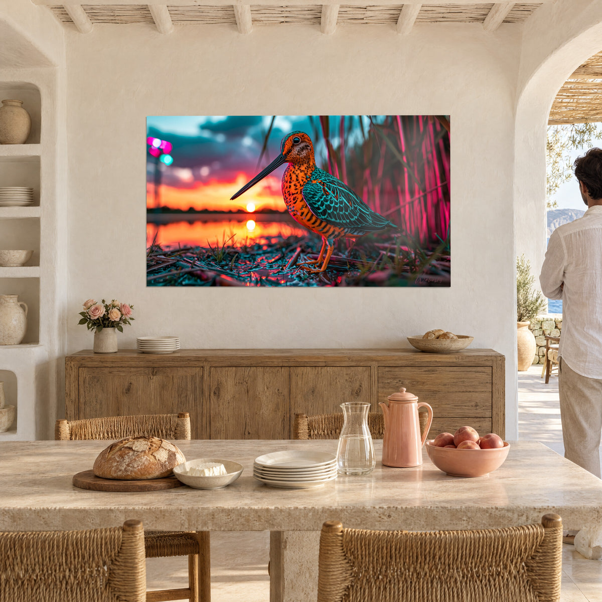 Quadro limicolo turchese e arancio, riflesso del sole rosso sull'acqua, canne magenta, sala da pranzo di una casa mediterranea