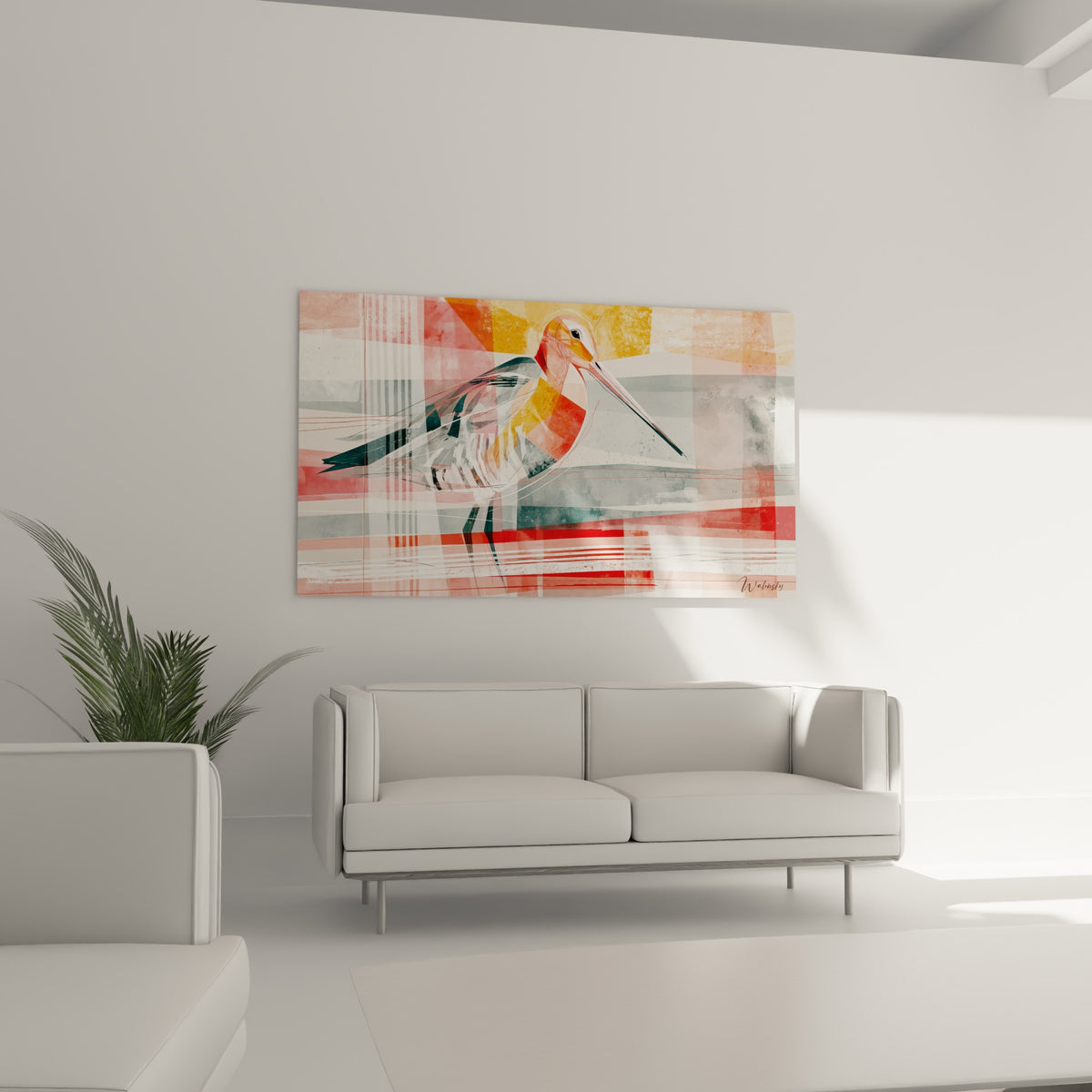 Silhouette de bécasse dorée aux plumes rayées noir et blanc, au-dessus d'un canapé dans un salon lumineux