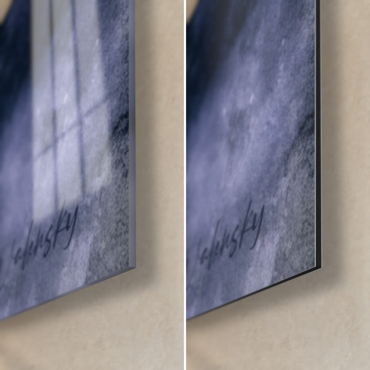 Gemälde Uferwasservogel in Violett und Gold, untere rechte Ecke: glänzendes Acrylglas links, matt Dibond-Aluminium rechts, 3 mm schwarze Kante