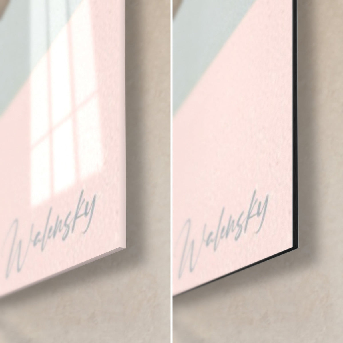 Tableau oiseau de rivage stylisé, coin bas droit : signature Walensky sur rose pâle, verre acrylique brillant à gauche et Dibond noir mat à droite