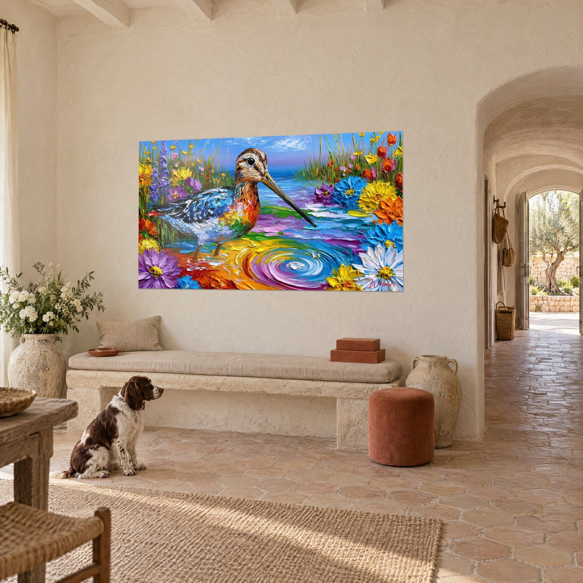 Quadro trampoliere dal becco sottile, piumaggio blu e ruggine a pasta spessa, fiori gialli, spaniel seduto in un casale provenzale