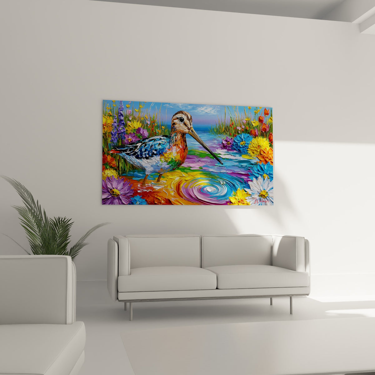 Bécasse texturée à la spatule, plumage bleu et fauve parmi des fleurs violettes, au-dessus d'un canapé dans un salon lumineux