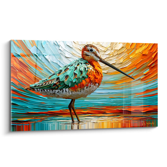 Tableau Bécasse turquoise et orange dans l'eau miroitante - Empâtements en tourbillon - Edition Bécasse