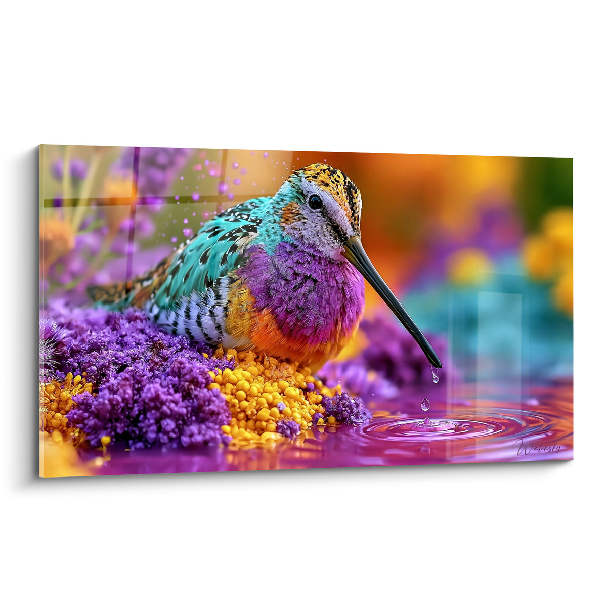 Bécasse turquoise et violette au long bec, goutte d'eau suspendue parmi les fleurs pourpres