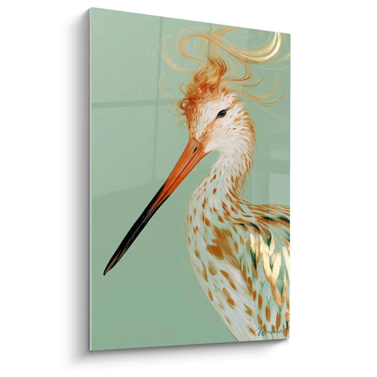 Bécasse au bec noir et orangé, plumage blanc tacheté d'ocre et crête dorée sur fond vert sauge
