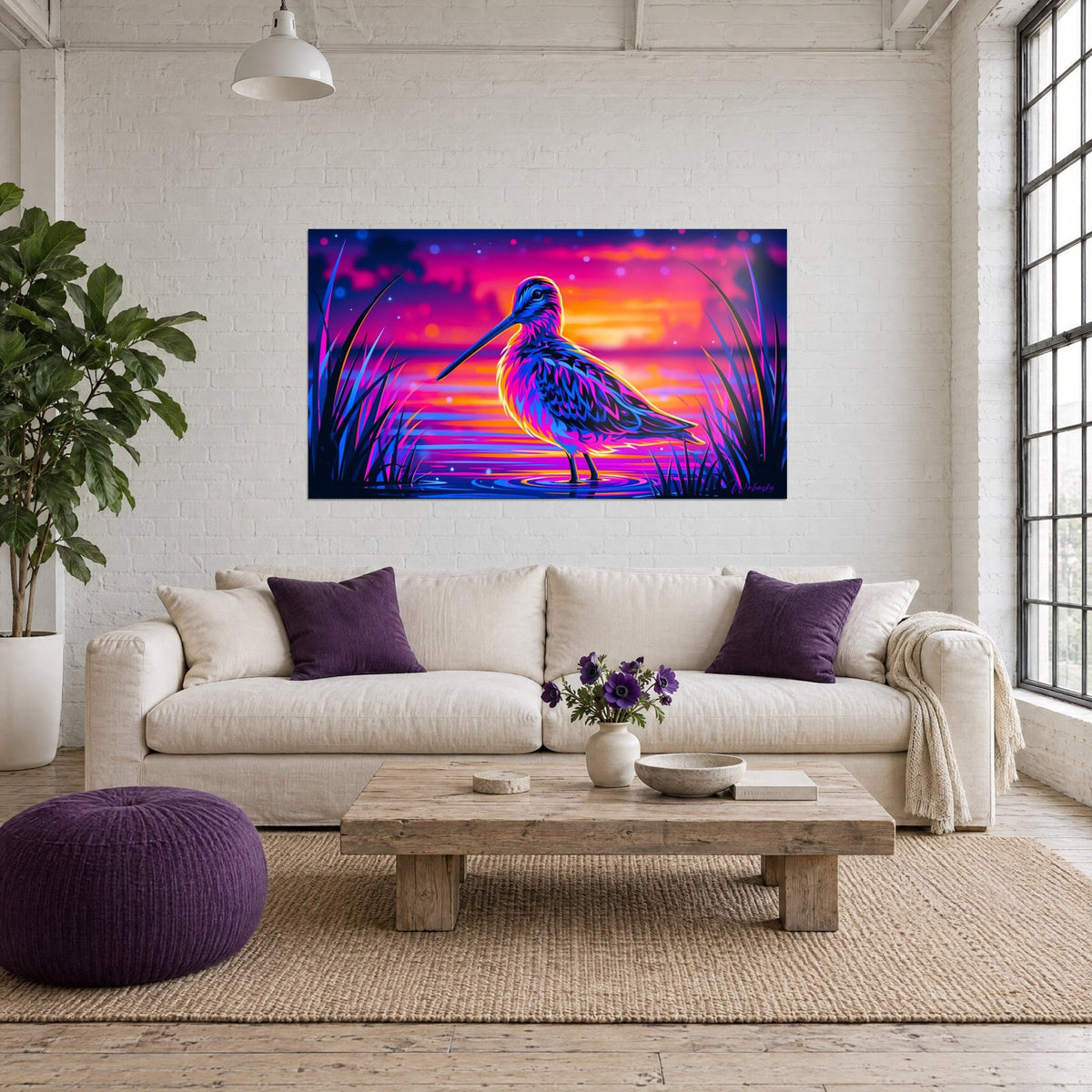 Wall art of a long-billed bird in blue on neon pink and orange background, dark reeds, above a sofa in a bright living room