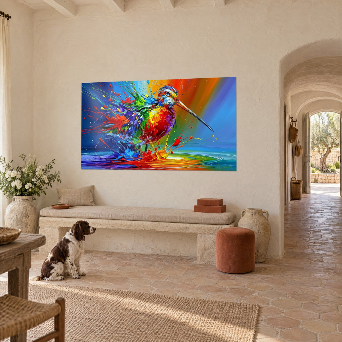 Wall art of a wading bird painted with a palette knife, bright red belly, blue and yellow feathers, iridescent puddle, a seated spaniel in a Provençal farmhouse