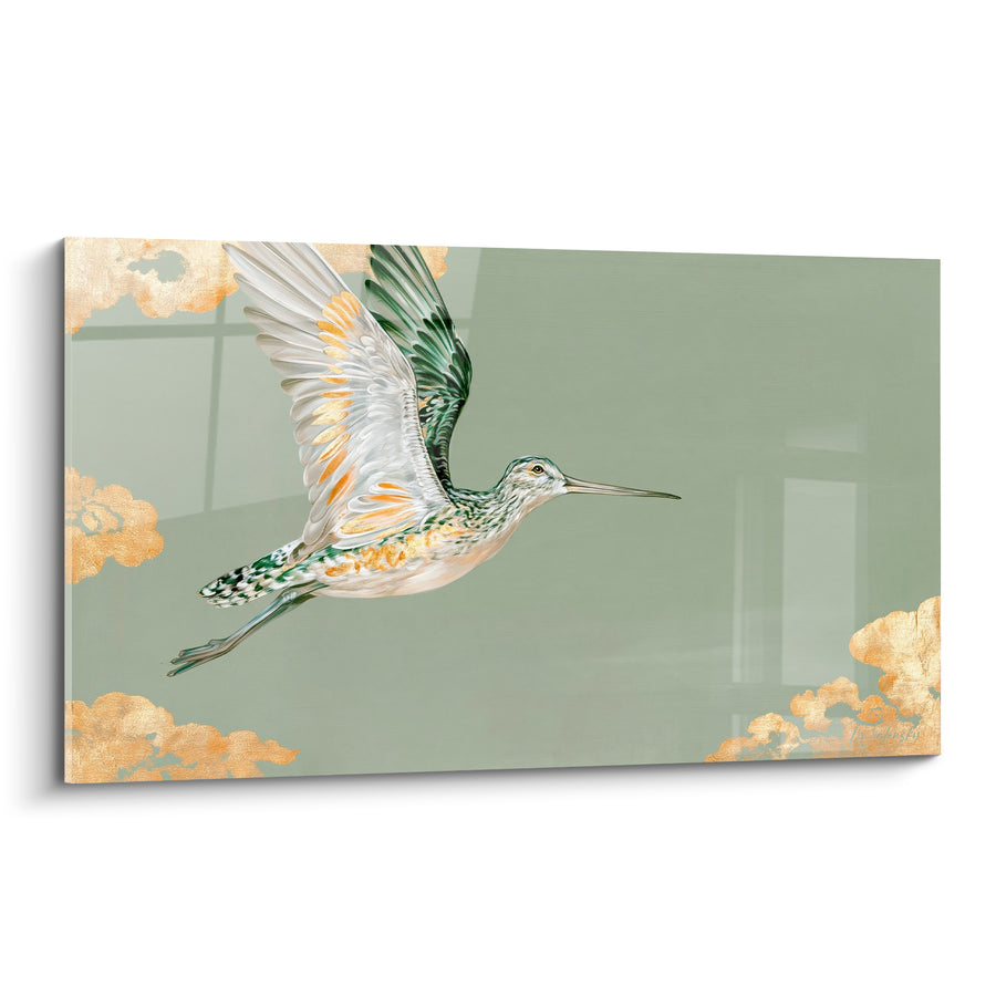 Tableau Bécasse fond vert sauge et nuages dorés - Envol serein - Edition Bécasse