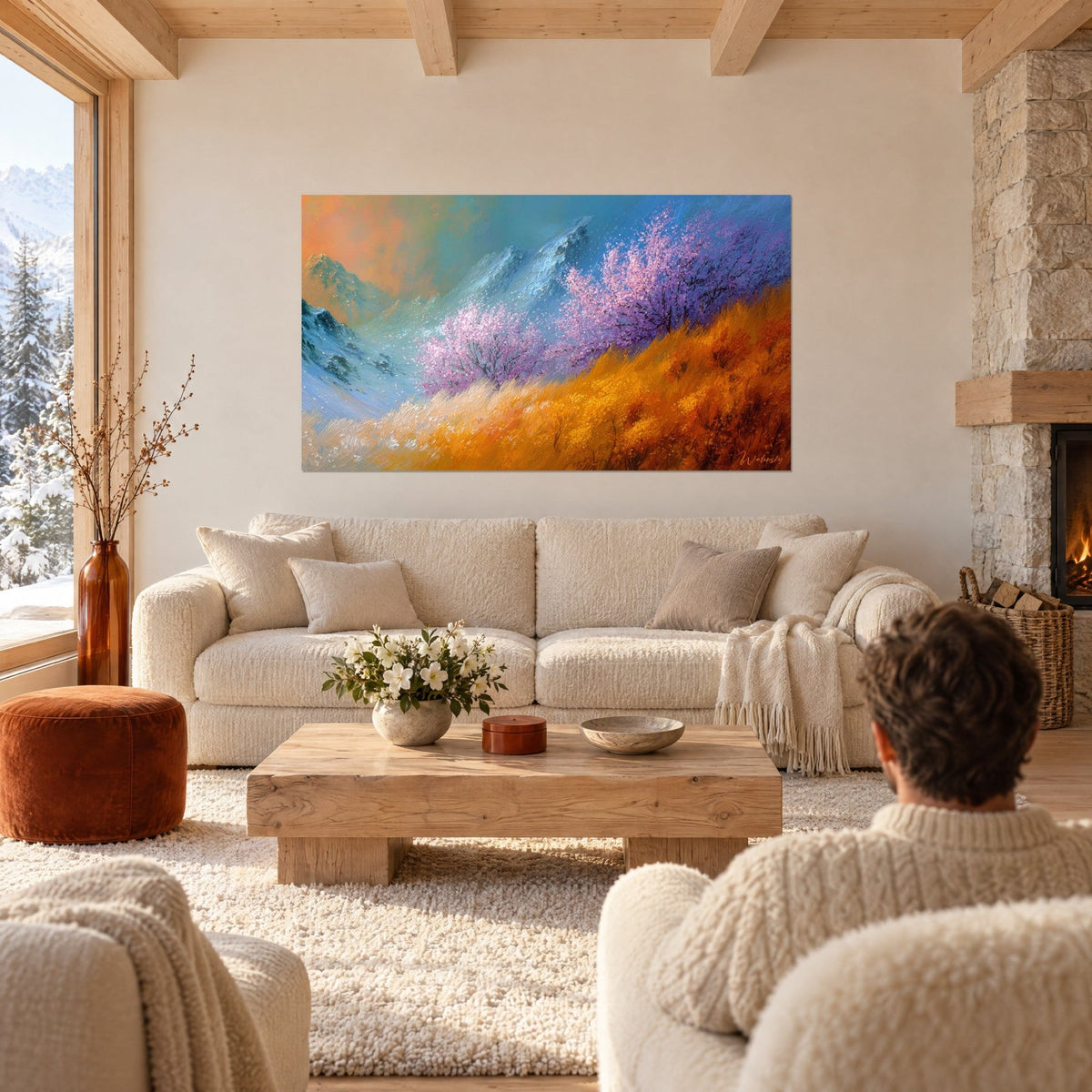 Wall art pink cherry trees in bloom on a slope of ochre grasses, bluish peaks behind, two people seen from behind above a sofa in a bright living room