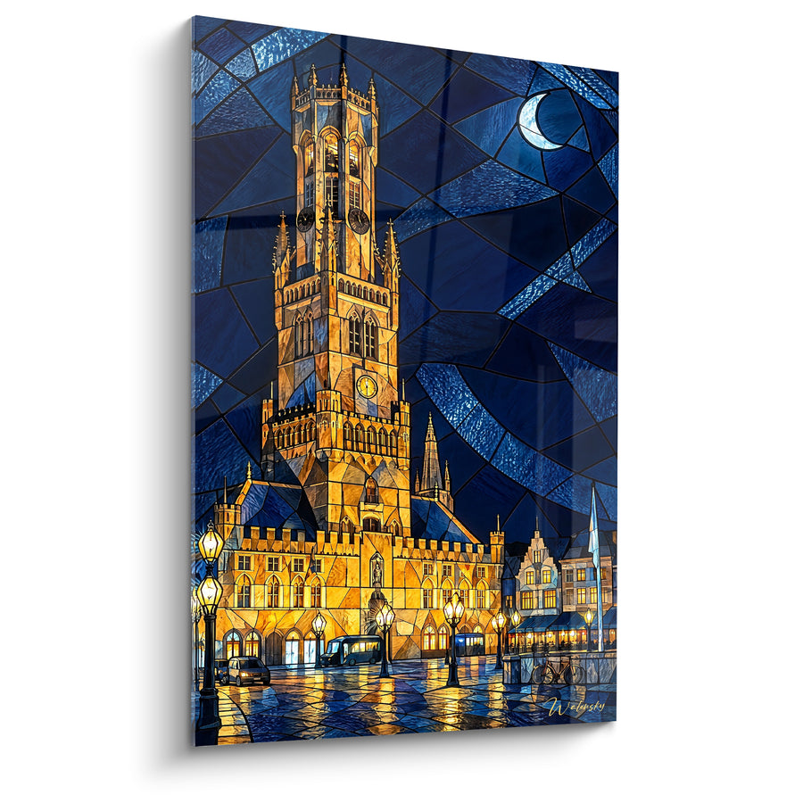 Painting Belfry in Gold under a Stained-Glass Blue Sky - Medieval Night Vigil - Bruges Belfry Edition Flanders Region Belgium