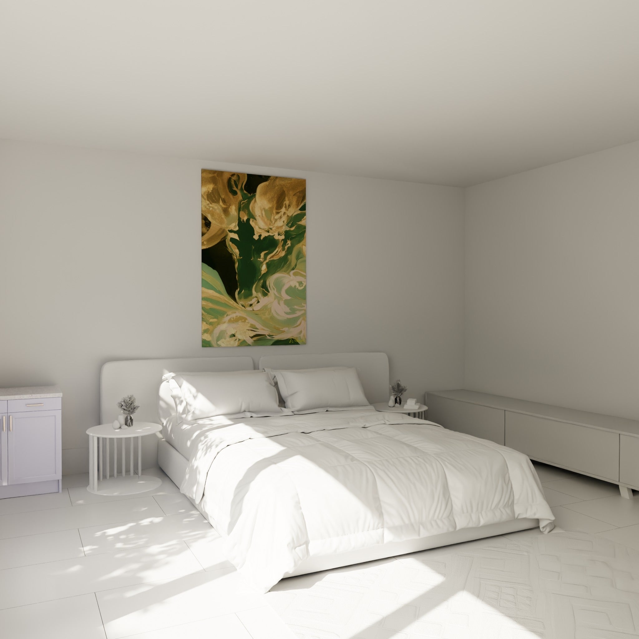 Silhouette de Bélier verte et dorée en volutes fluides, accrochée au-dessus d'un lit dans une chambre claire