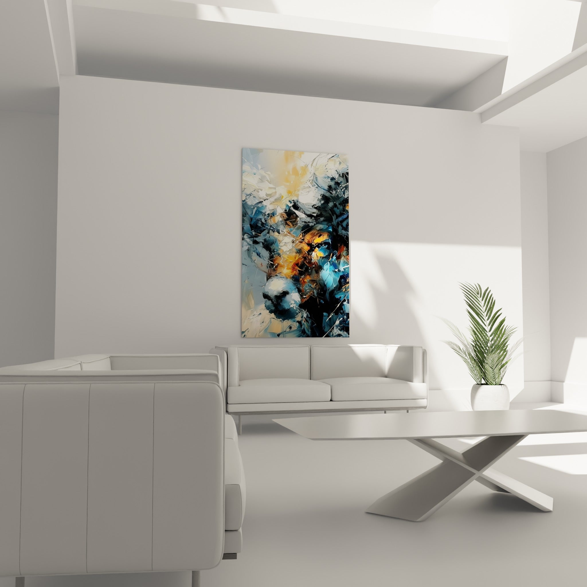 Bélier peint en éclats de bleu profond et d'ambre lumineux, tableau au-dessus d'un canapé dans un salon lumineux
