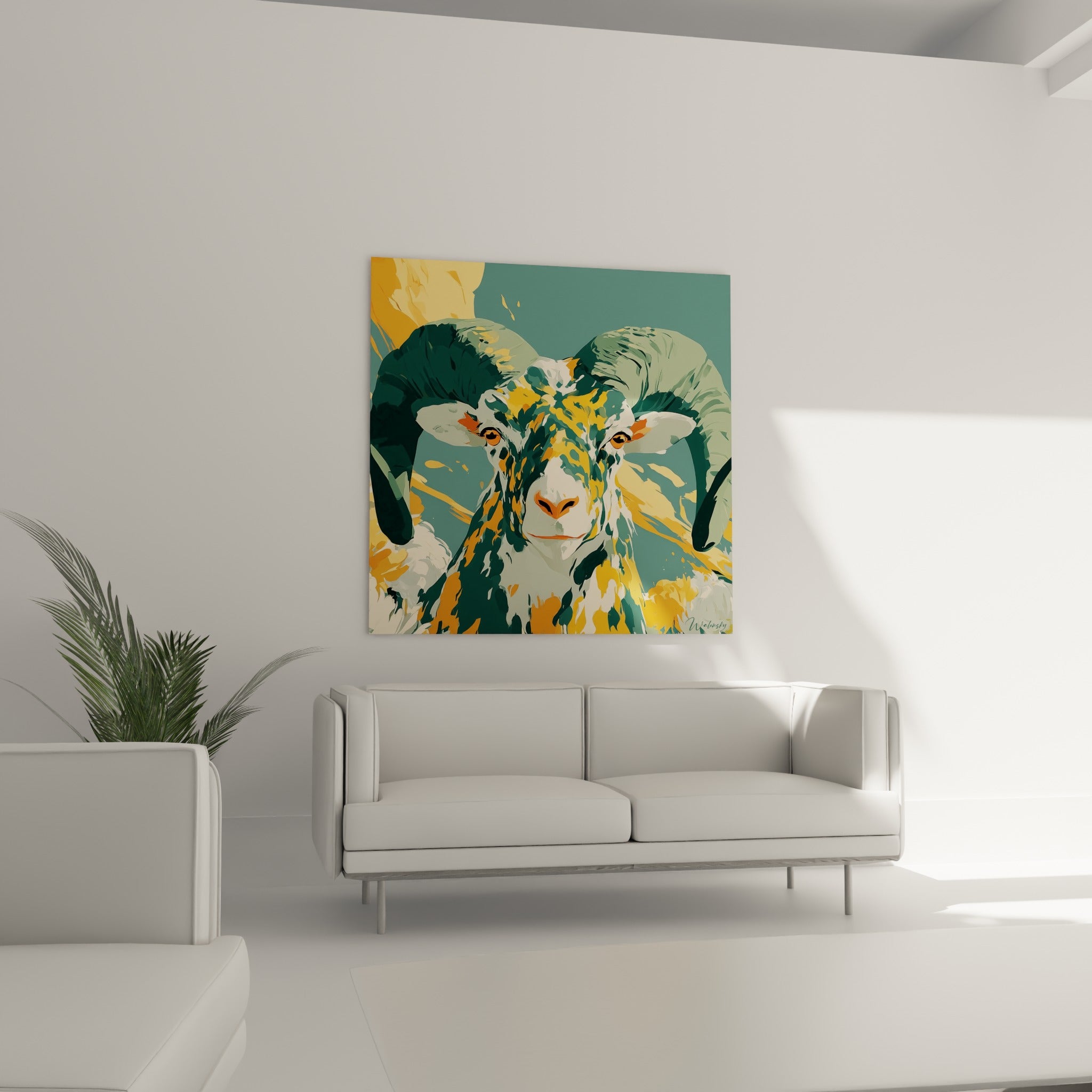 Regard noir intense du Bélier jaune et vert sarcelle disposé au-dessus d'un canapé dans un salon lumineux