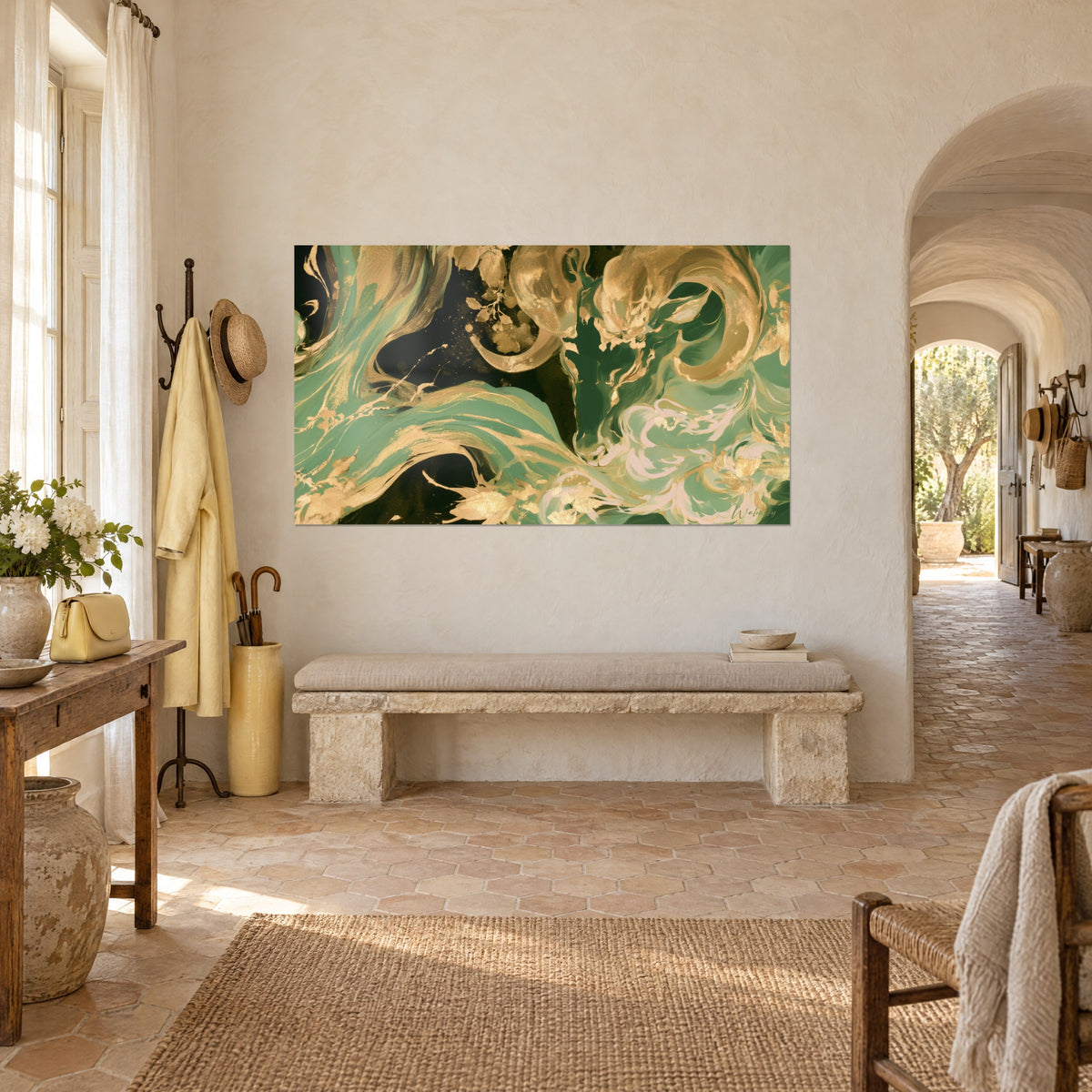 Wall art swirling fleece of gold leaf and sage green, hung near a stone arch in a Provençal farmhouse