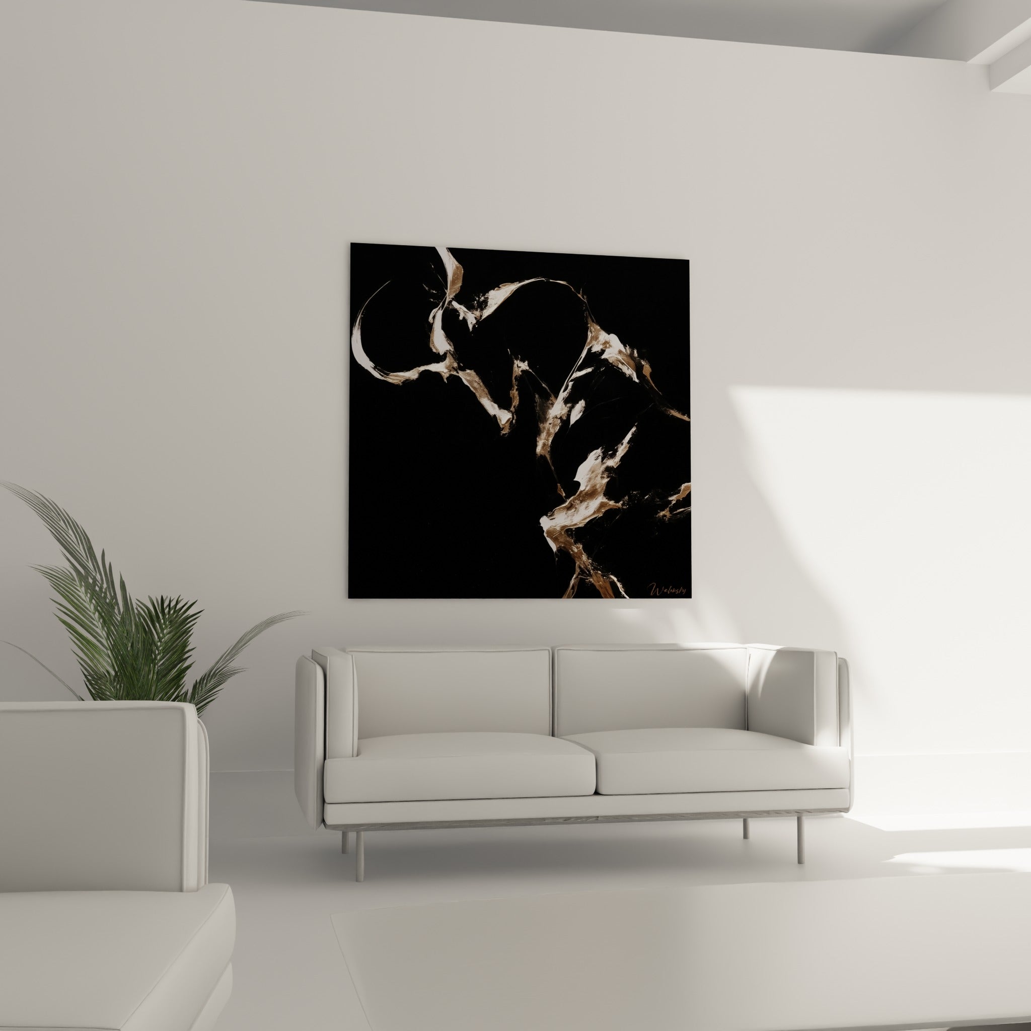 Mouvement doré et anthracite du Bélier au-dessus d'un canapé dans un salon lumineux