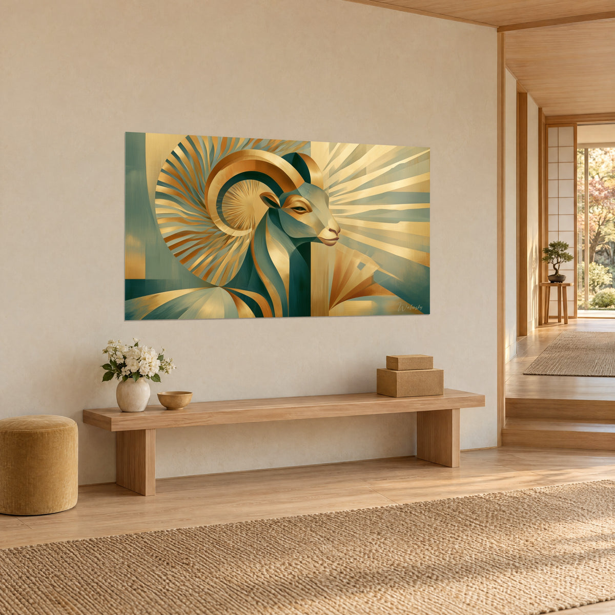 Quadro profilo di ariete geometrico, corno ocra a voluta e ventaglio di raggi salvia e oro, vista di tre quarti su parete crema japandi