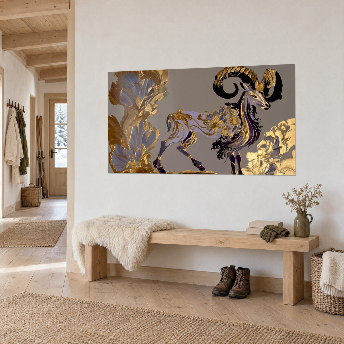 Quadro capra malva dalla criniera scura, fiori d'oro in spesse pennellate su fondo talpa, visto di tre quarti accanto a una panca di legno e una pelliccia