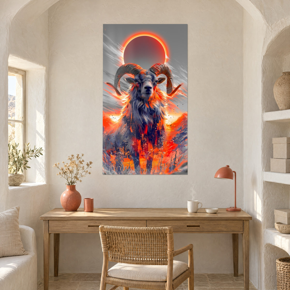 Tableau bélier majestueux, toison anthracite et flammes orangées sous une éclipse rouge, au mur d'un bureau en bois clair avec lampe corail