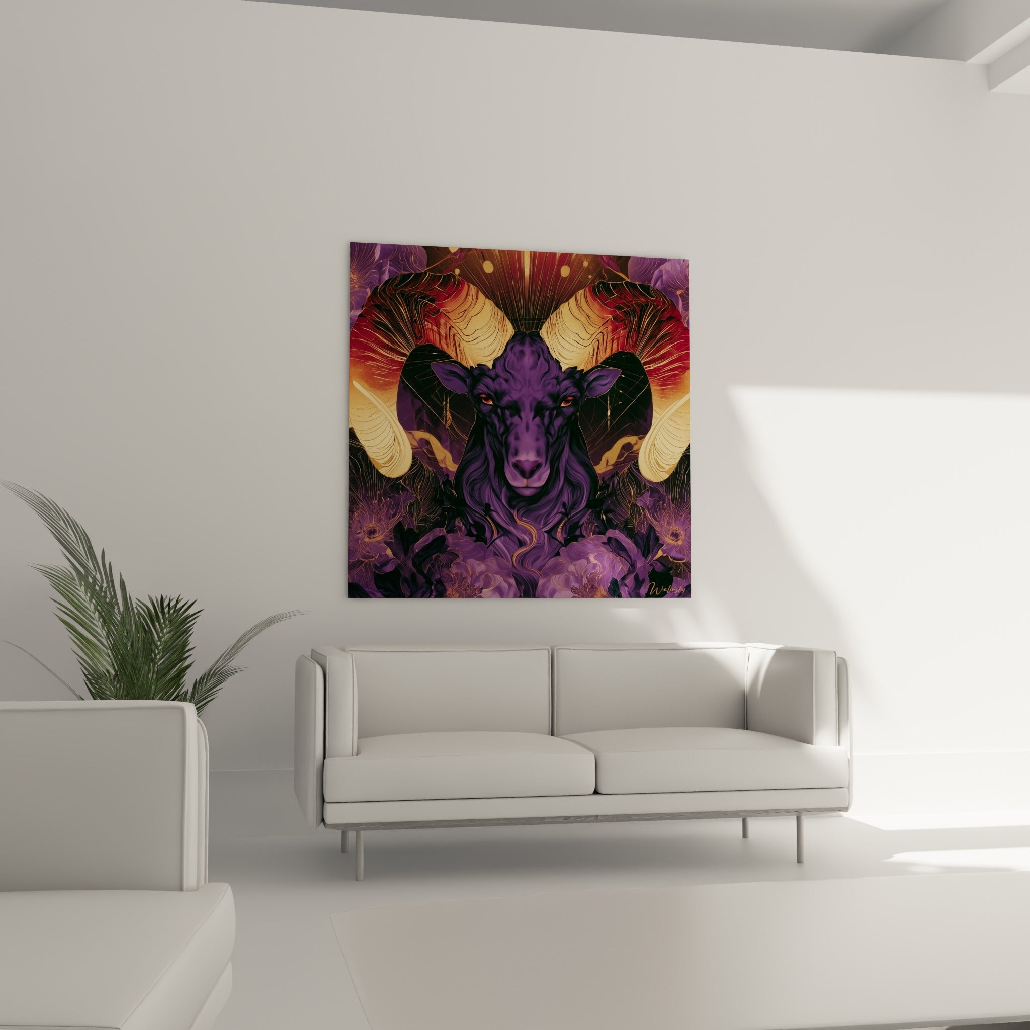 Regard fauve du Bélier entouré de fleurs prune et d'éclats dorés, au-dessus d'un canapé dans un salon lumineux
