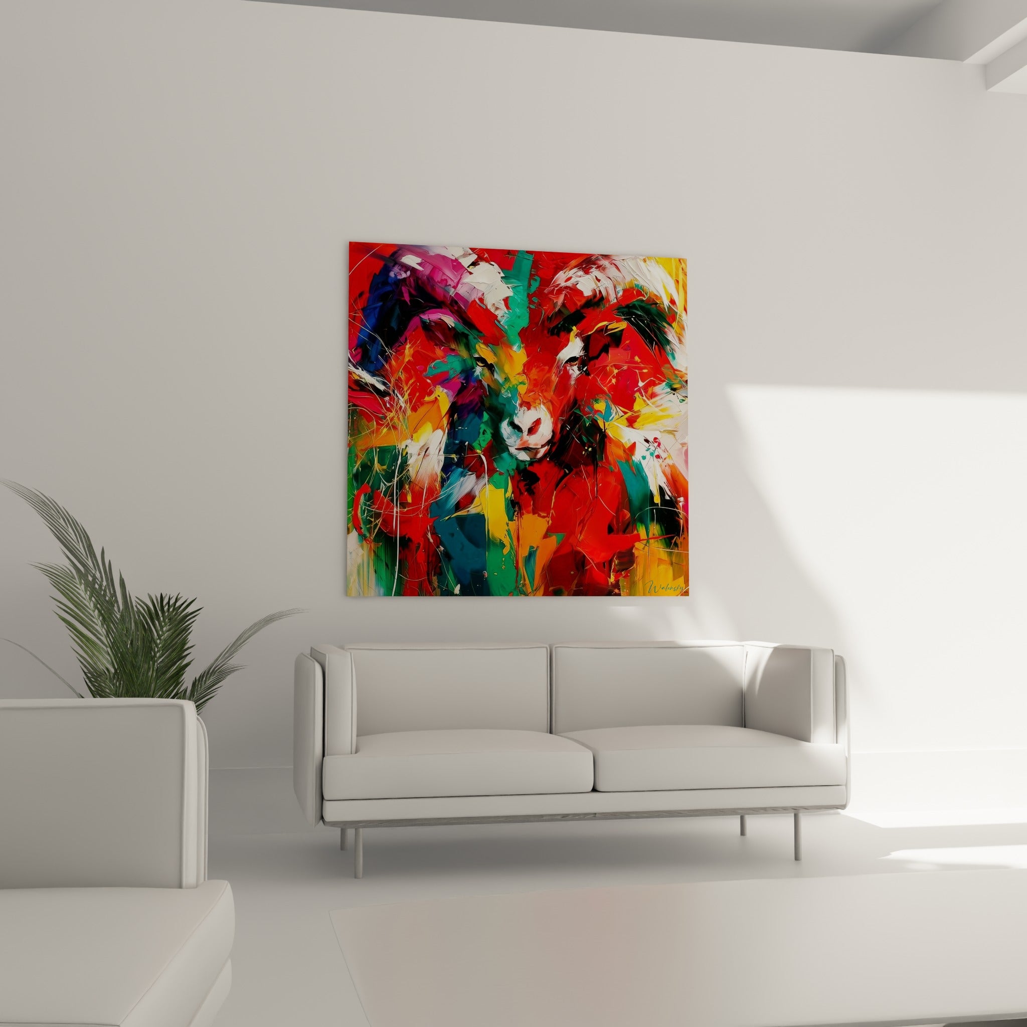 Regard perçant d'un bélier aux teintes rouge et anthracite, au-dessus d'un canapé dans un salon lumineux