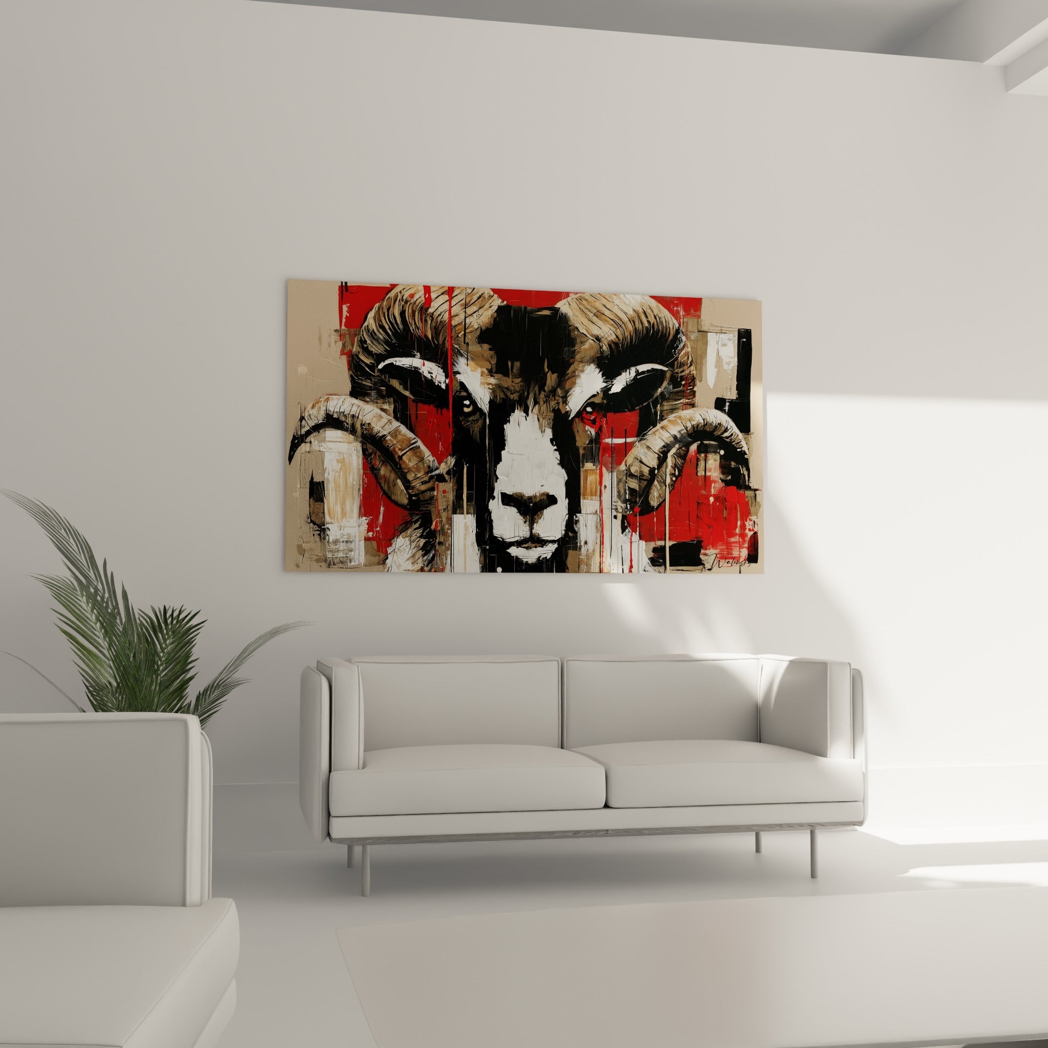 Regard intense du bélier entre noir profond et rouge vif, au-dessus d'un canapé dans un salon lumineux