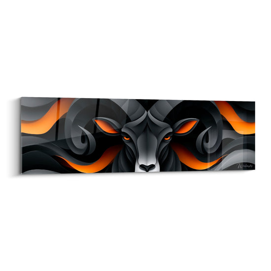 Bélier stylisé anthracite aux yeux orange perçants, cornes en volutes sur fond de flammes noires et orangées