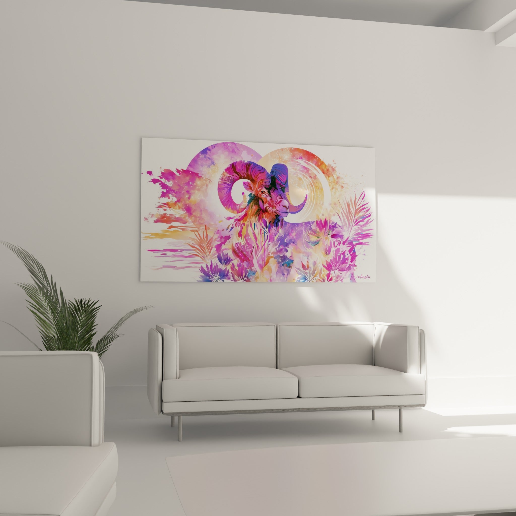 Silhouette florale du Bélier en violet et corail installée au-dessus d'un canapé dans un salon lumineux