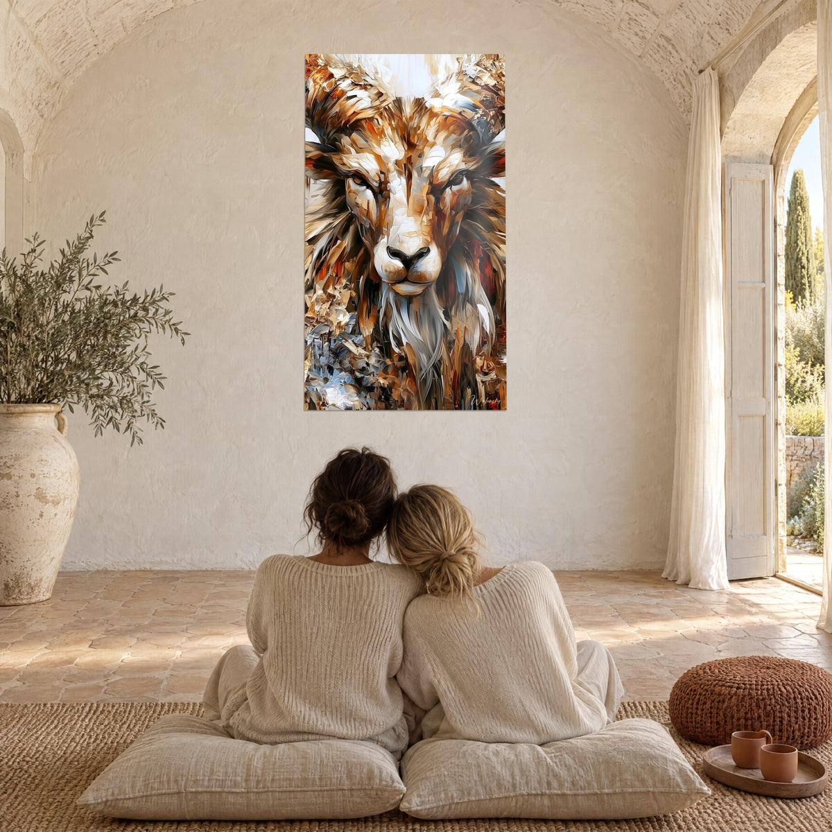 Tableau bélier majestueux à la barbe argentée, brun chaud et blanc ivoire en pâte épaisse, couple de dos assis sur des coussins face au mur blanc