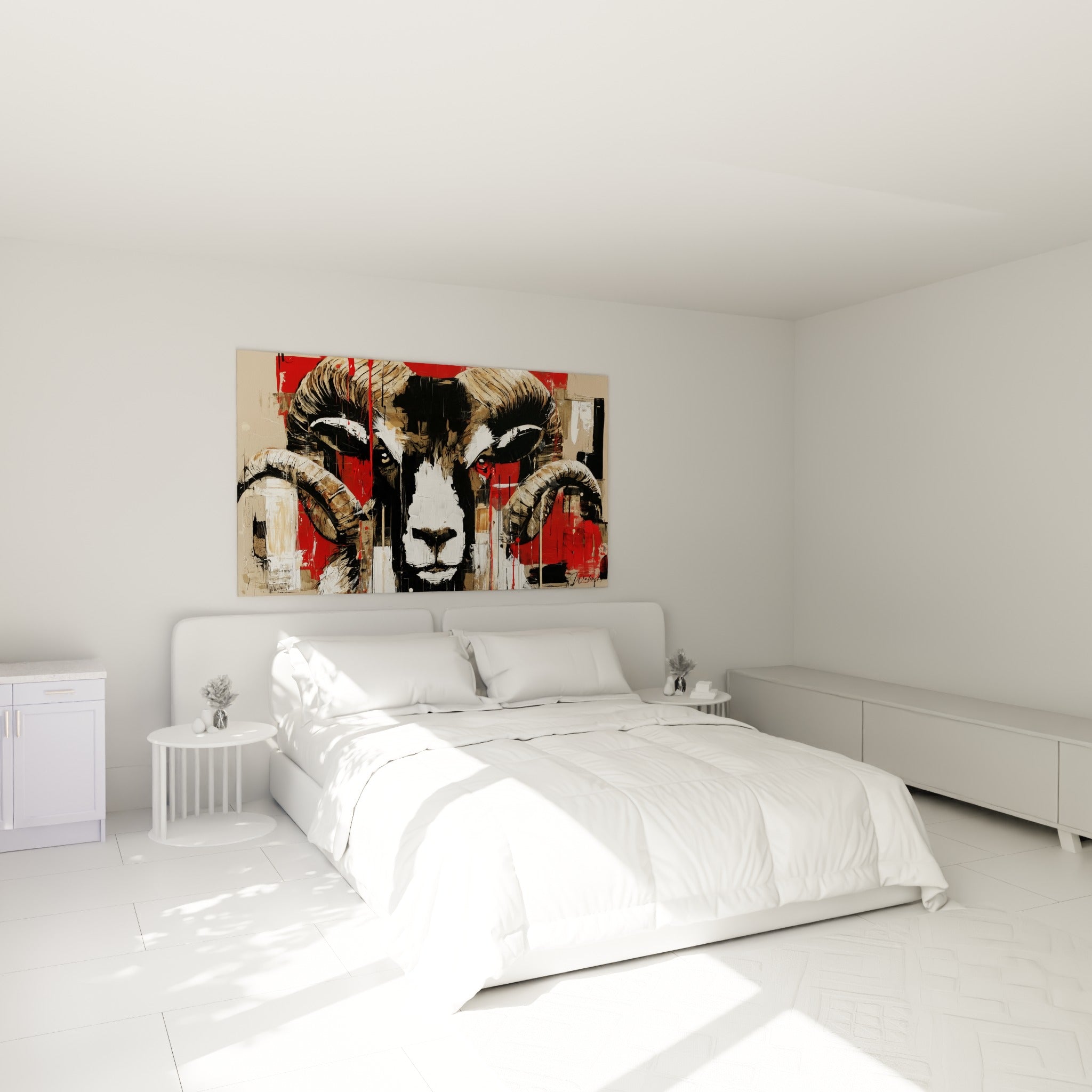 Cornes enroulées et pelage blanc du bélier, tons rouge et noir, au-dessus d'un lit dans une chambre claire